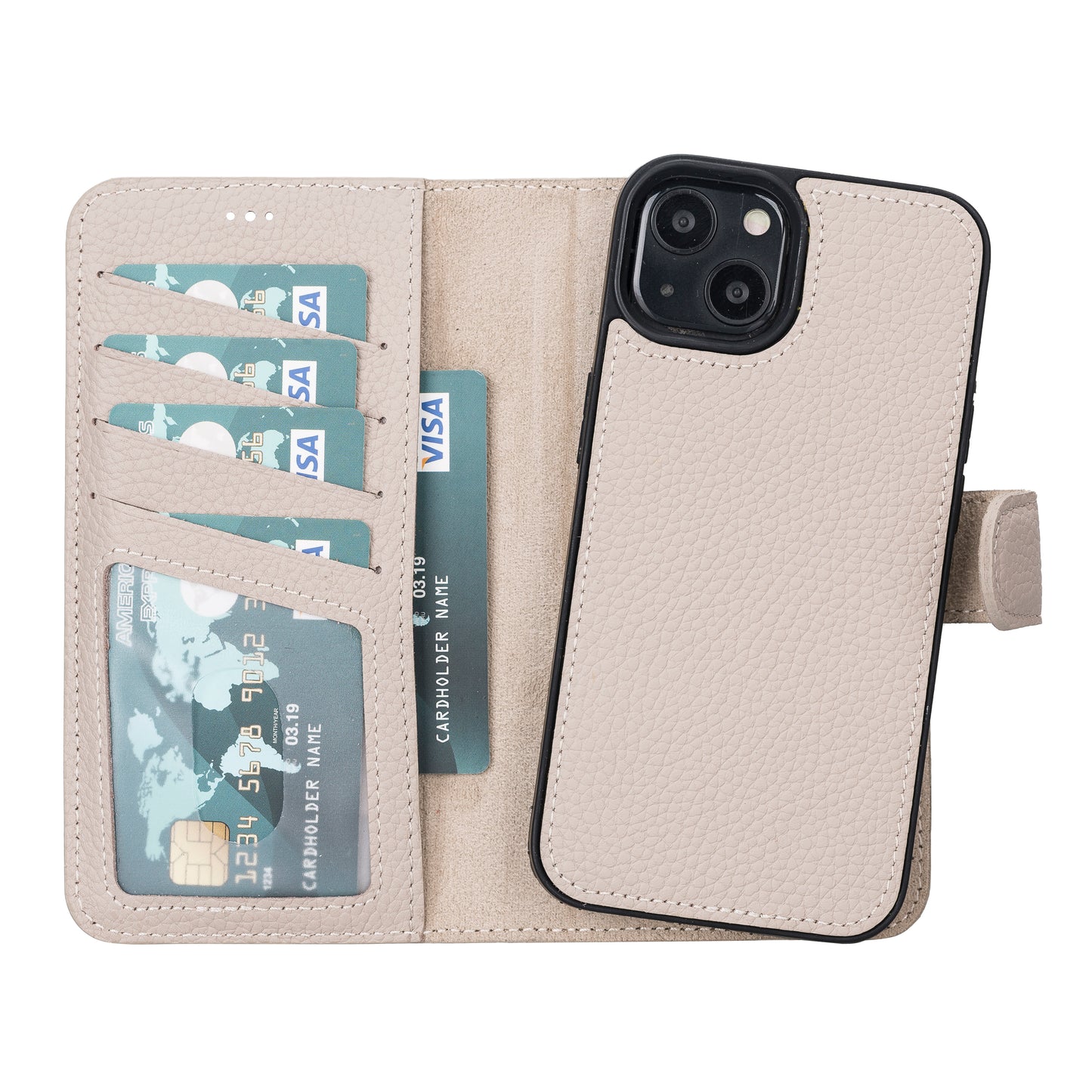 iPhone 13 (6.1") Leather MagSafe RFID Magnetic Detachable Wallet Case - Beige