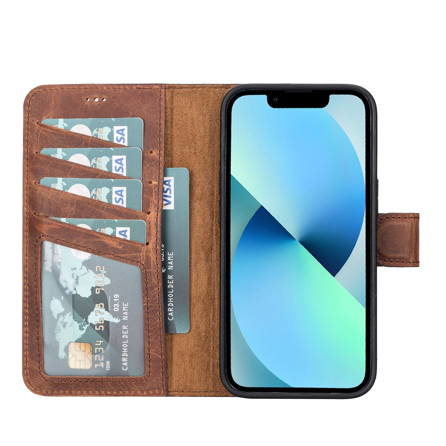 iPhone 13 (6.1") Leather MagSafe RFID Magnetic Detachable Wallet Case - Teak Brown