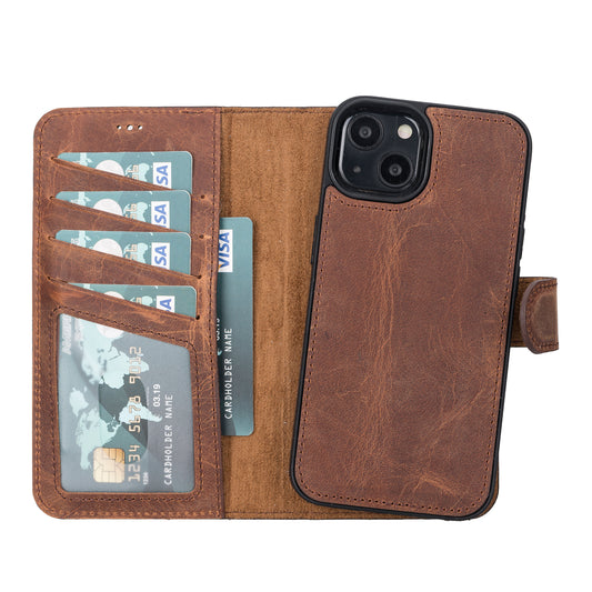 iPhone 13 (6.1") Leather MagSafe RFID Magnetic Detachable Wallet Case - Teak Brown