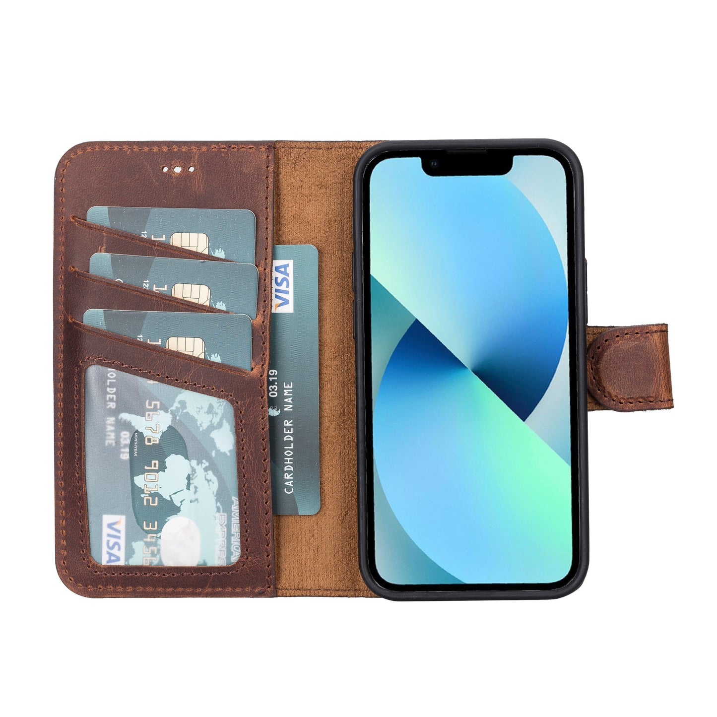 iPhone 13 Mini (5.4") Leather MagSafe RFID Magnetic Detachable Wallet Case - Teak Brown