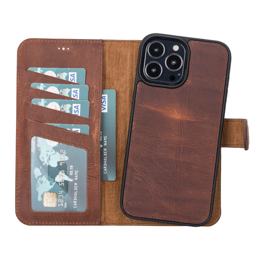 iPhone 13 Pro Max (6.7") Leather MagSafe RFID Magnetic Detachable Wallet Case - Teak Brown