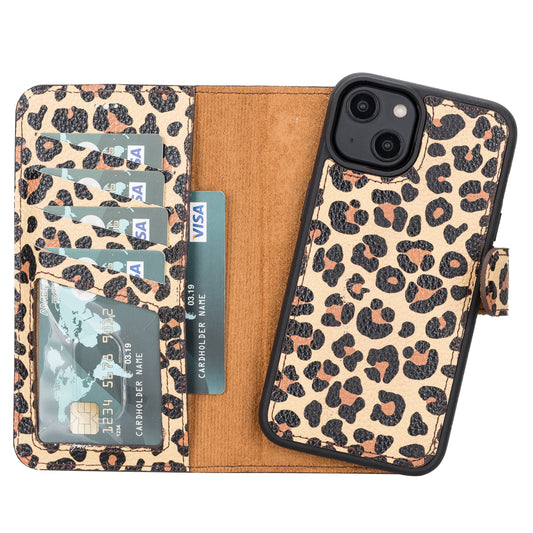 iPhone 14 (6.1") Leather MagSafe RFID Detachable Wallet Case - Leopard
