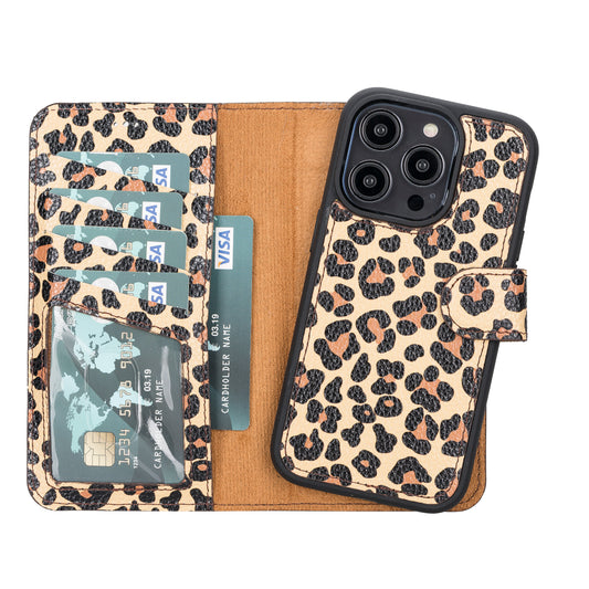 iPhone 14 Pro (6.1") Leather MagSafe RFID Detachable Wallet Case - Leopard