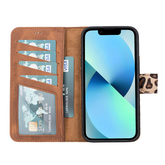 iPhone 13 (6.1") Leather MagSafe RFID Magnetic Detachable Wallet Case - Furry Leopard