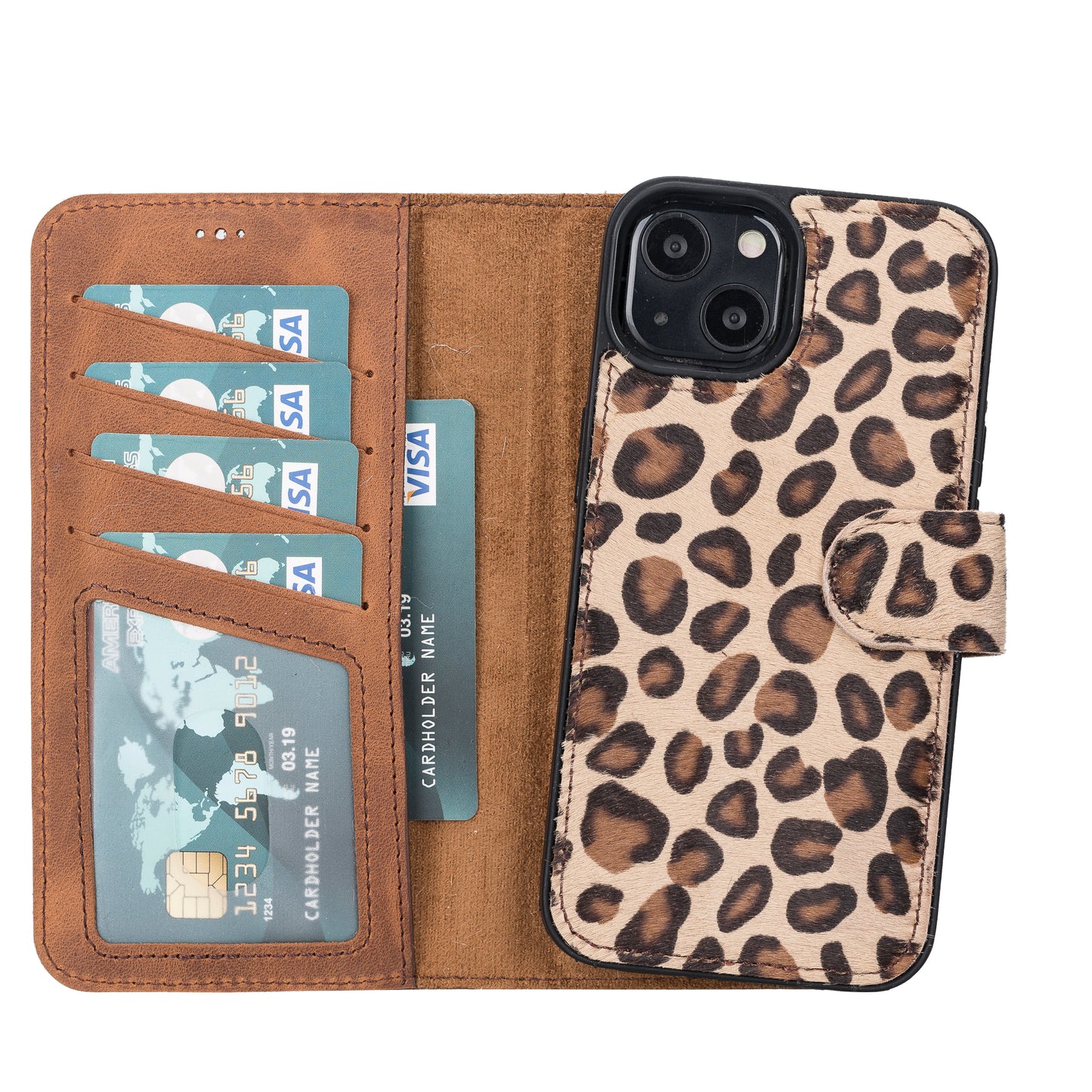 iPhone 13 (6.1") Leather MagSafe RFID Magnetic Detachable Wallet Case - Furry Leopard