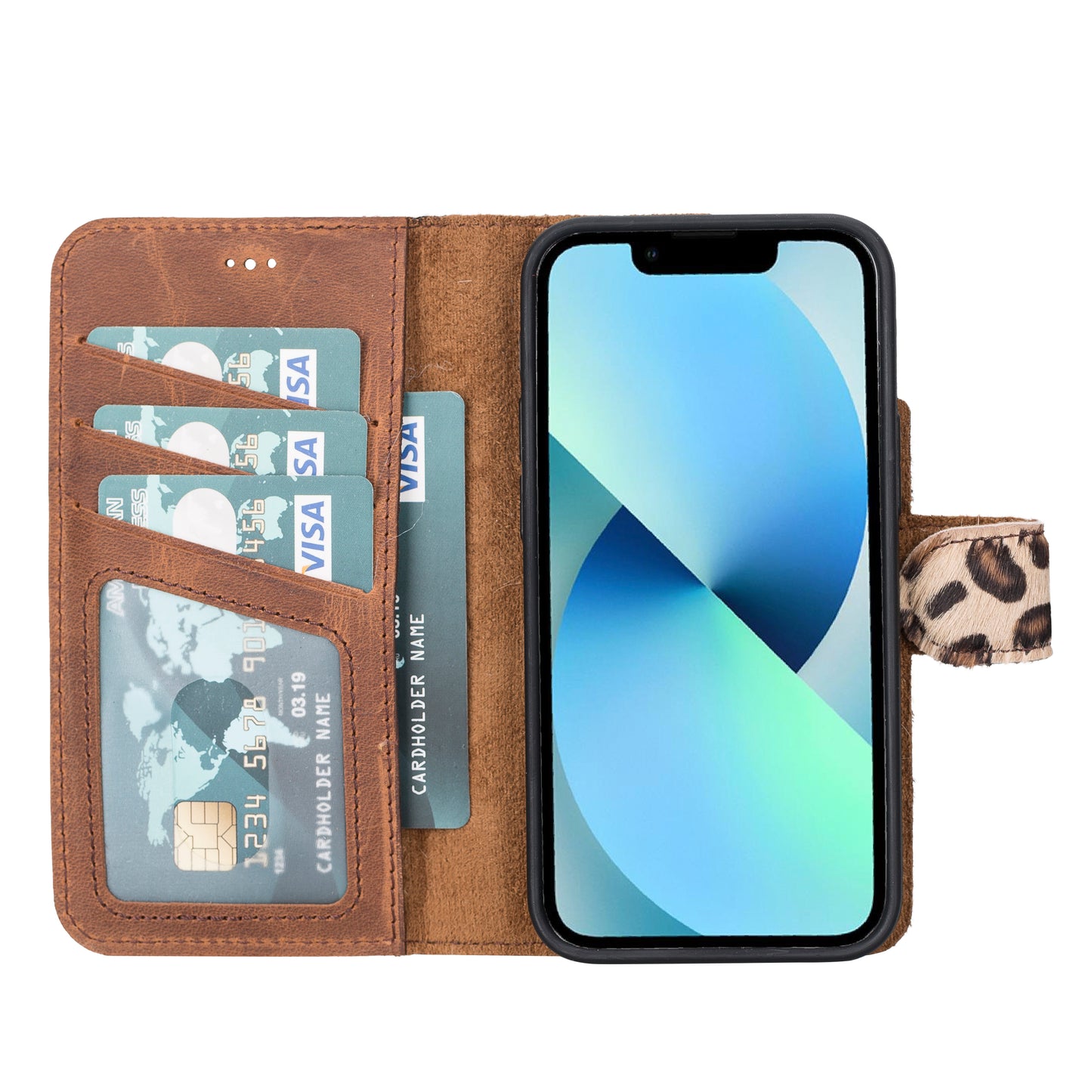 iPhone 13 Mini (5.4") Leather MagSafe RFID Magnetic Detachable Wallet Case - Furry Leopard