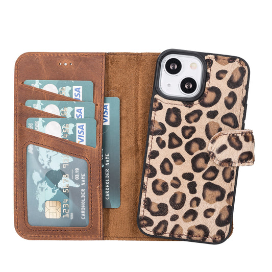 iPhone 13 Mini (5.4") Leather MagSafe RFID Magnetic Detachable Wallet Case - Furry Leopard