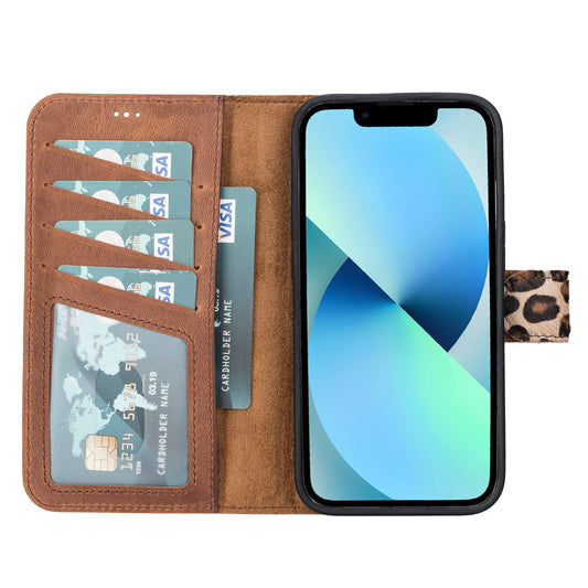 iPhone 13 Pro (6.1") Leather MagSafe RFID Magnetic Detachable Wallet Case - Furry Leopard