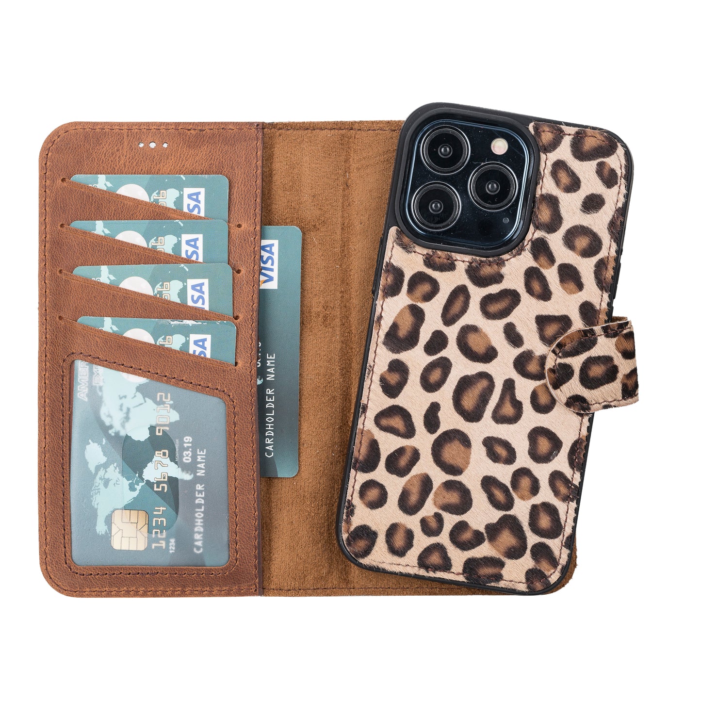 iPhone 13 Pro (6.1") Leather MagSafe RFID Magnetic Detachable Wallet Case - Furry Leopard
