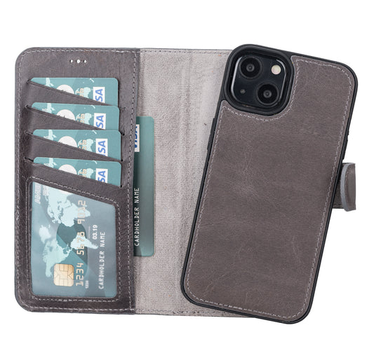 iPhone 13 (6.1") Leather MagSafe RFID Magnetic Detachable Wallet Case - Rustic Black