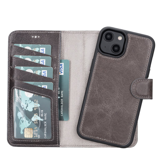 iPhone 14 (6.1") Leather MagSafe RFID Detachable Wallet Case - Rustic Black