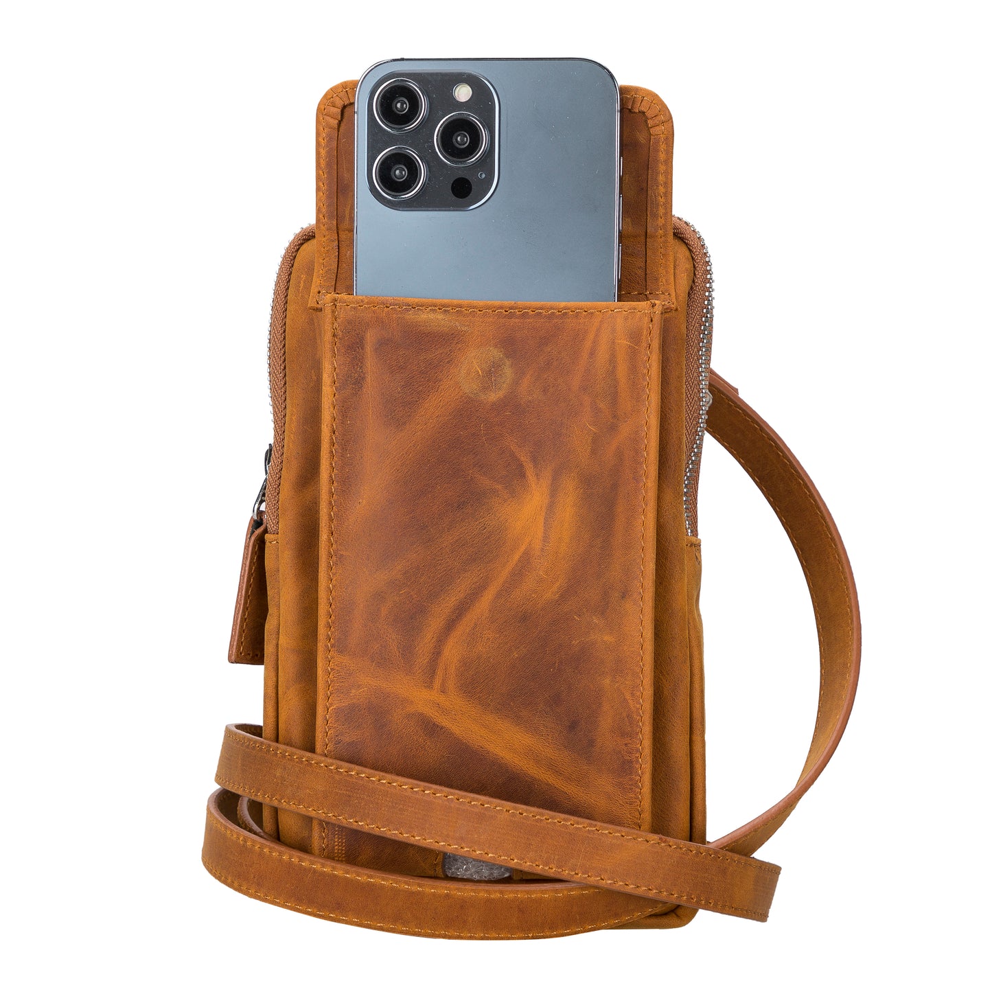 Leather Crossbody Phone Bag - Brown