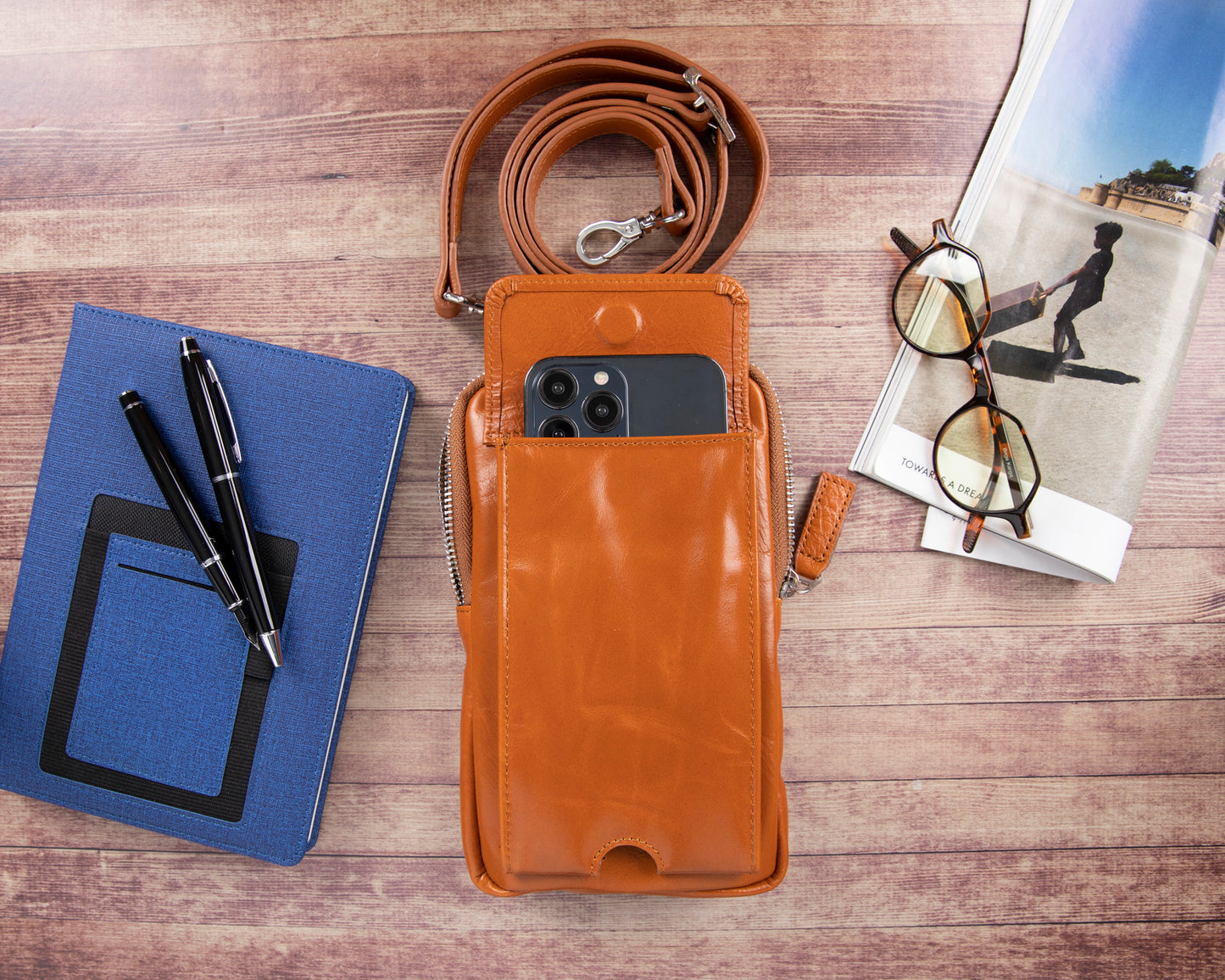 Leather Crossbody Phone Bag - Light Brown