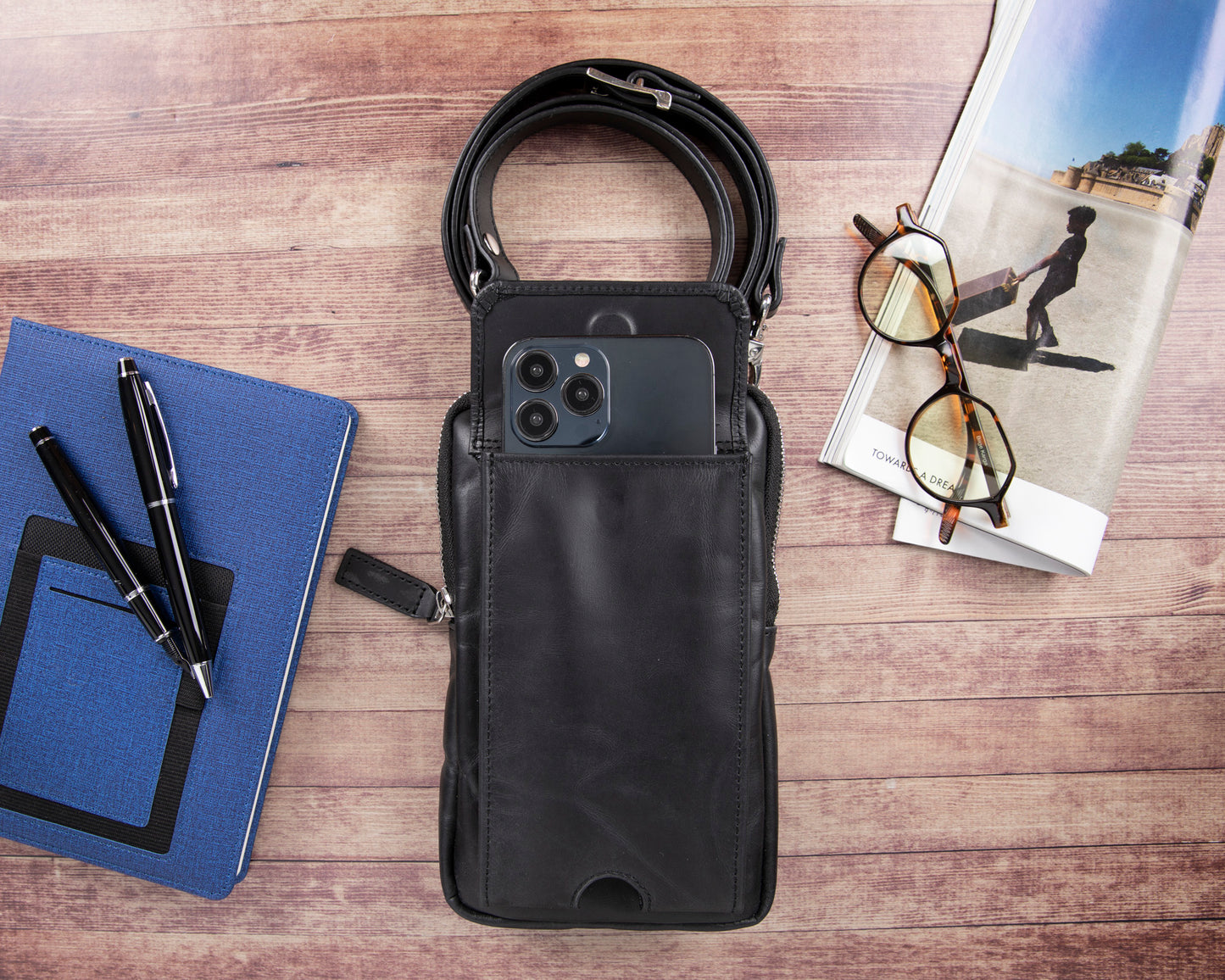 Leather Crossbody Phone Bag - Rustic Black