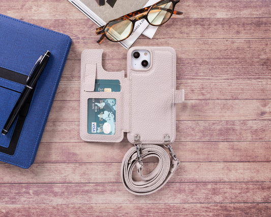 iPhone 14 Plus (6.7") Crossbody Leather MagSafe Wallet Case - Beige