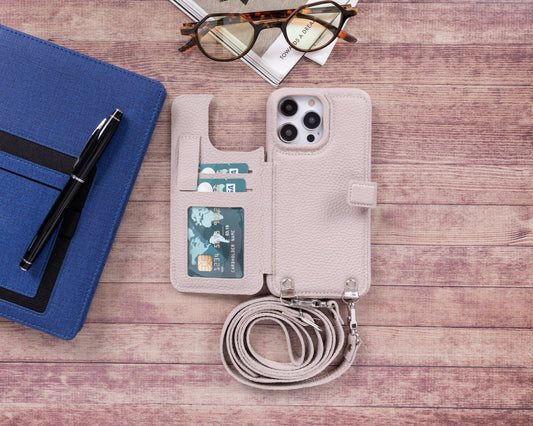iPhone 14 Pro Max (6.7") Crossbody Leather MagSafe Wallet Case - Beige