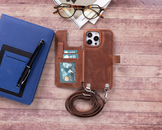 iPhone 14 Pro Max (6.7") Crossbody Leather MagSafe Wallet Case - Teak Brown