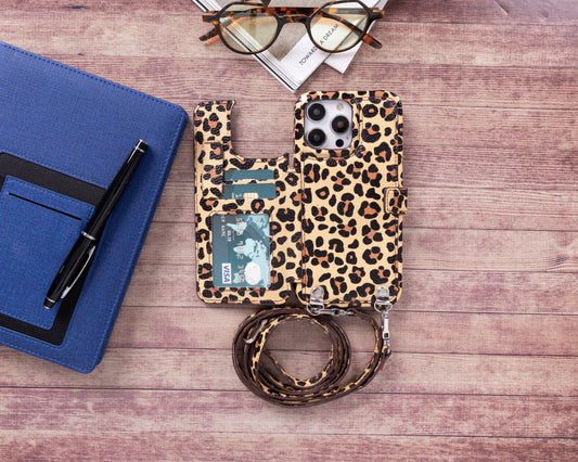 iPhone 14 Crossbody Leather MagSafe Wallet Case - Leopard