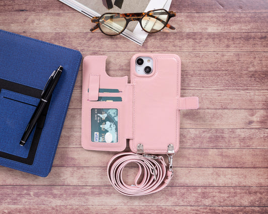 iPhone 14 Plus (6.7") Crossbody Leather MagSafe Wallet Case - Pink