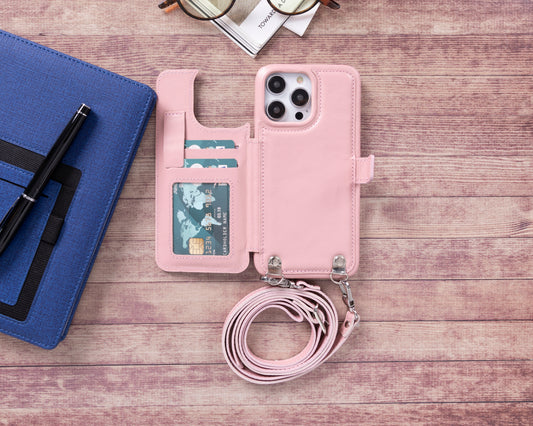 iPhone 14 Pro Max (6.7") Crossbody Leather MagSafe Wallet Case - Pink