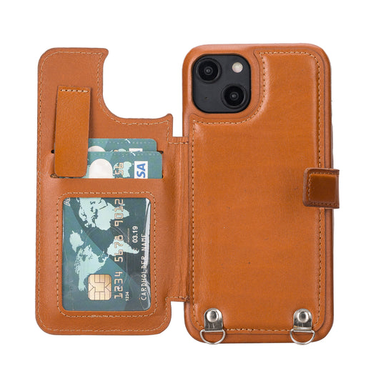 iPhone 14 Crossbody Leather MagSafe Wallet Case - Rustic Brown