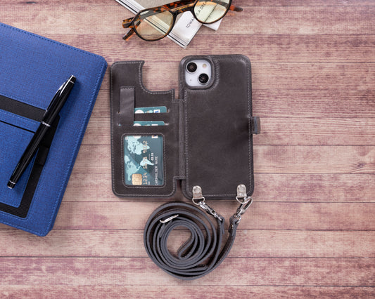 iPhone 14 Pro Max (6.7") Crossbody Leather MagSafe Wallet Case - Rustic Black