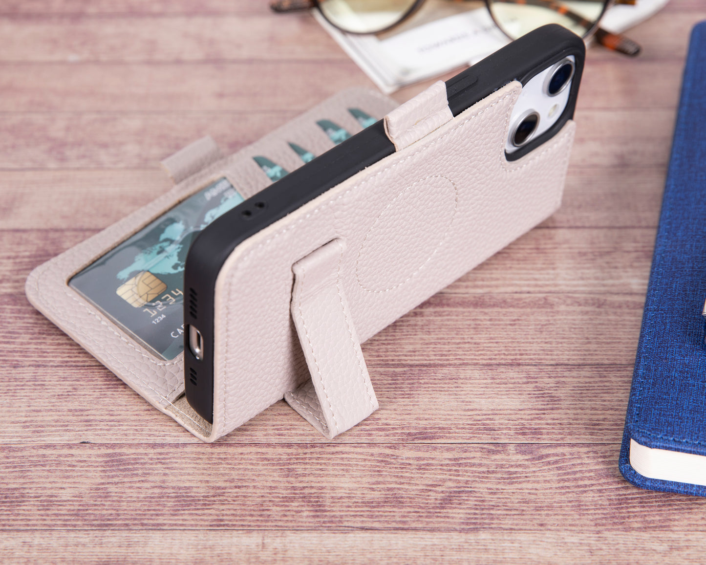 iPhone 14 Pro (6.1") Leather MagSafe RFID Stand Wallet Case - Beige