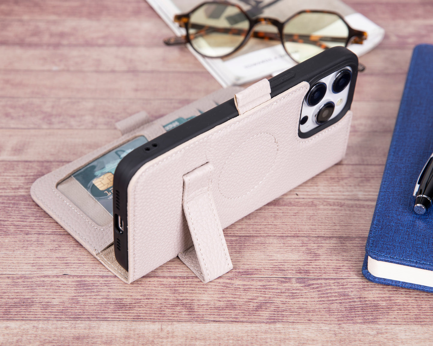 iPhone 14 Pro (6.1") Leather MagSafe RFID Stand Wallet Case - Beige
