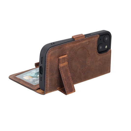 iPhone 13 (6.1") Leather MagSafe Stand Wallet Case RFID Protection - Teak Brown