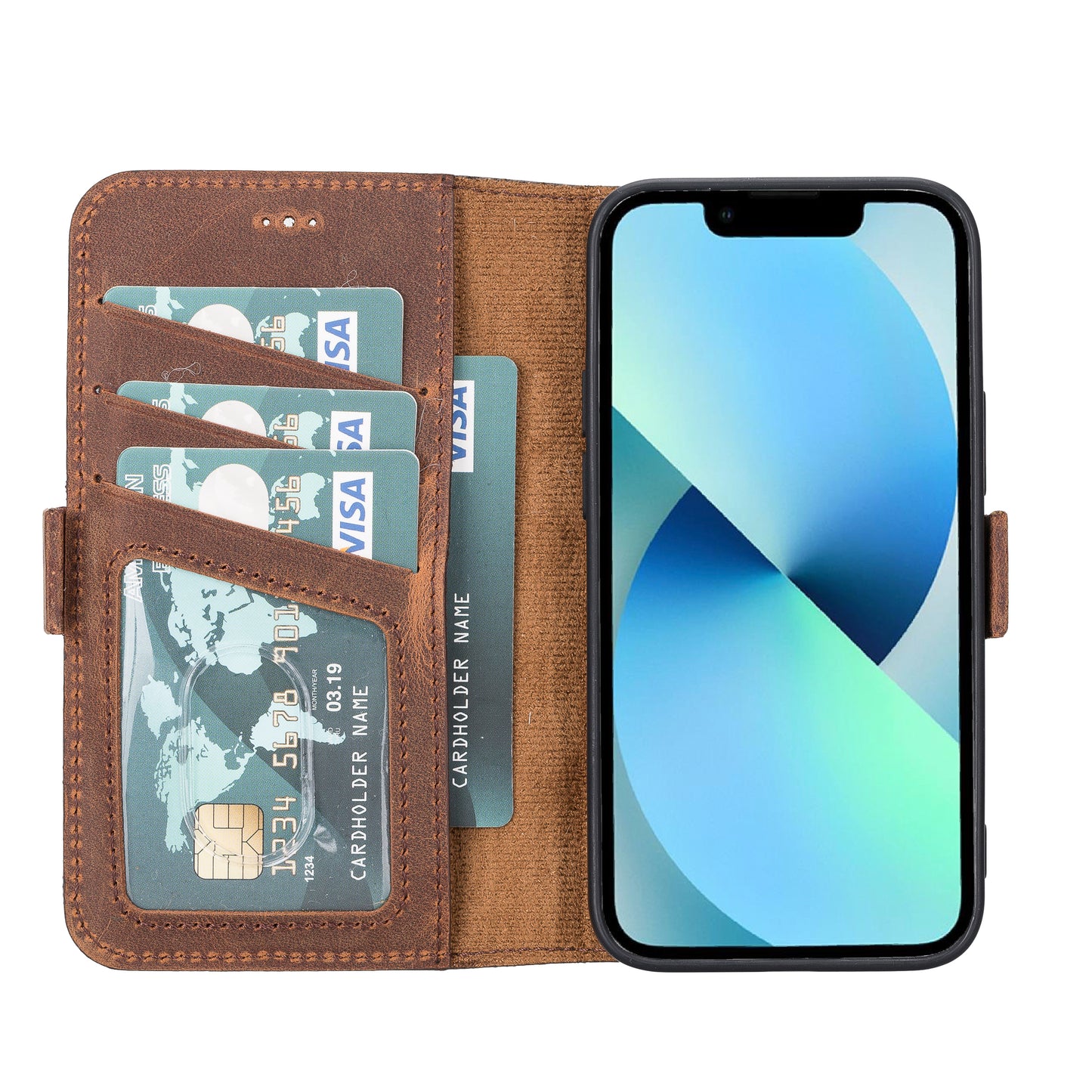 iPhone 13 Mini (5.4") Leather MagSafe Stand Wallet Case RFID Protection - Teak Brown