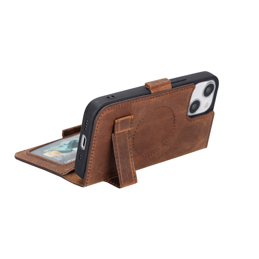 iPhone 13 Mini (5.4") Leather MagSafe Stand Wallet Case RFID Protection - Teak Brown