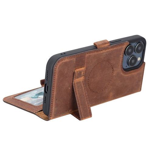 iPhone 13 Pro Max (6.7") Leather MagSafe Stand Wallet Case RFID Protection - Teak Brown