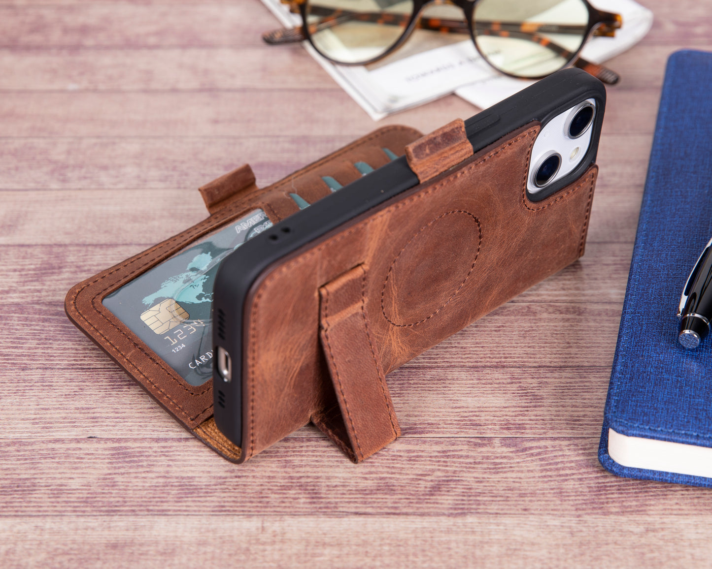 iPhone 14 Pro (6.1") Leather MagSafe RFID Stand Wallet Case - Teak Brown