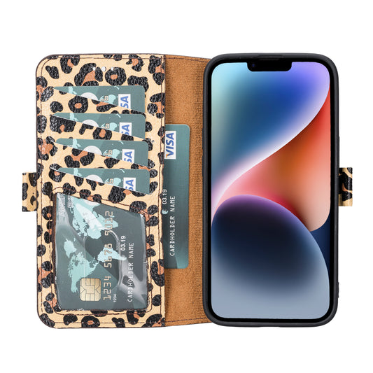 iPhone 14 (6.1") Leather MagSafe RFID Stand Wallet Case - Leopard