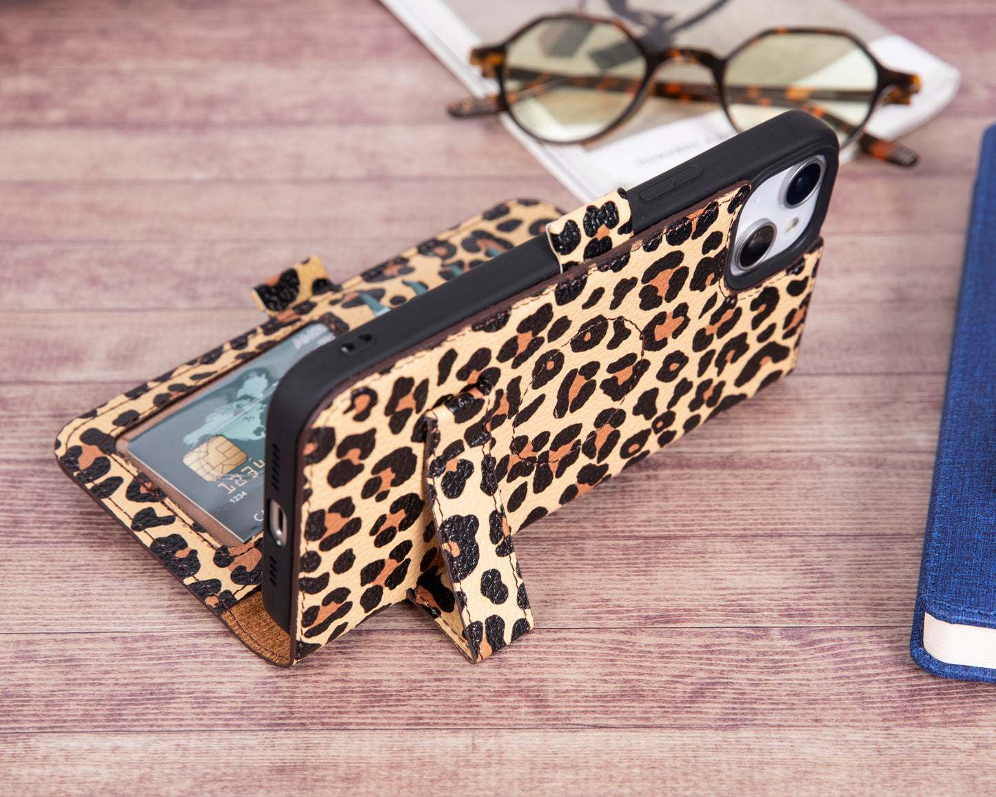 iPhone 14 Pro (6.1") Leather MagSafe RFID Stand Wallet Case - Leopard