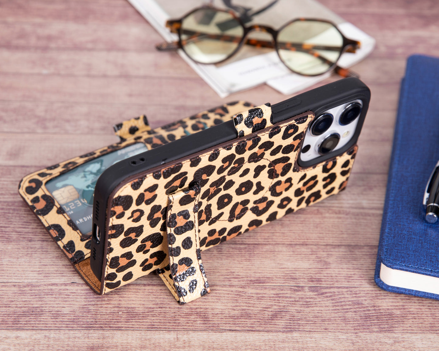 iPhone 14 Pro Max (6.7") Leather MagSafe RFID Stand Wallet Case - Leopard