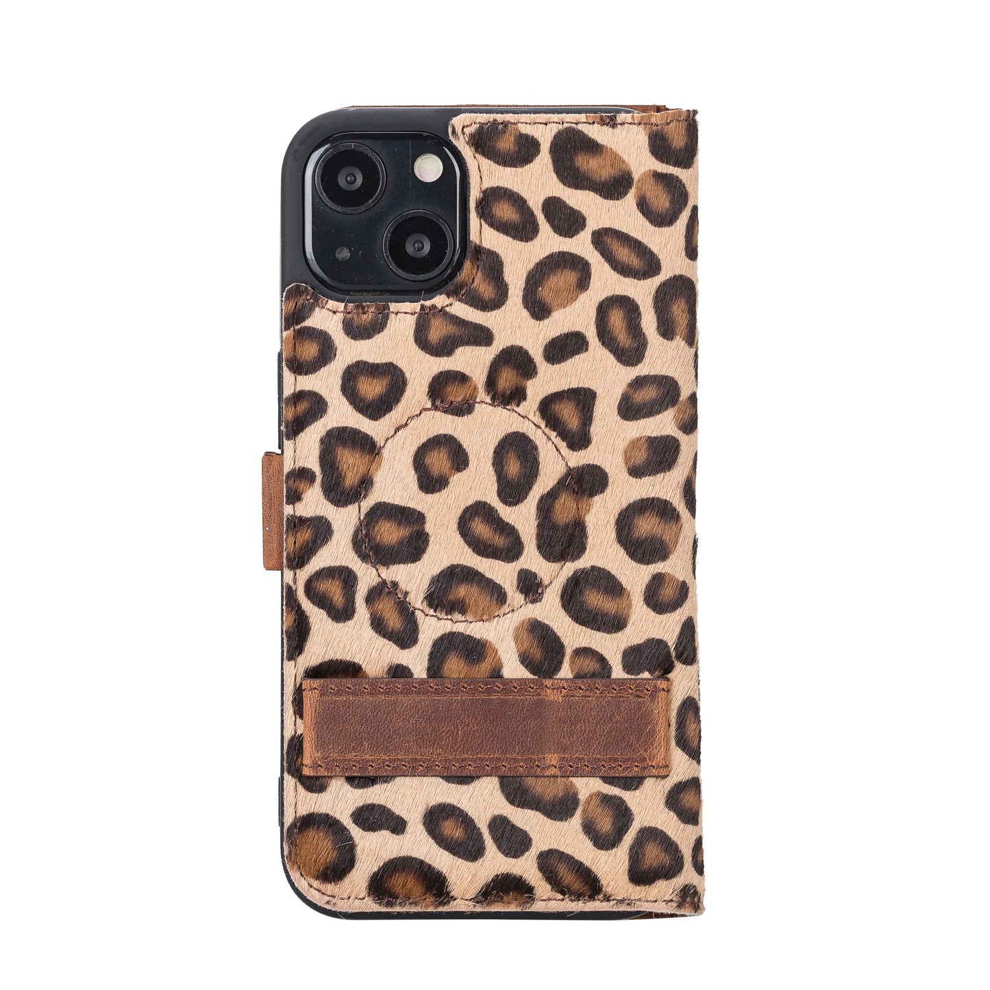 iPhone 13 (6.1") Leather MagSafe Stand Wallet Case RFID Protection - Furry Leopard