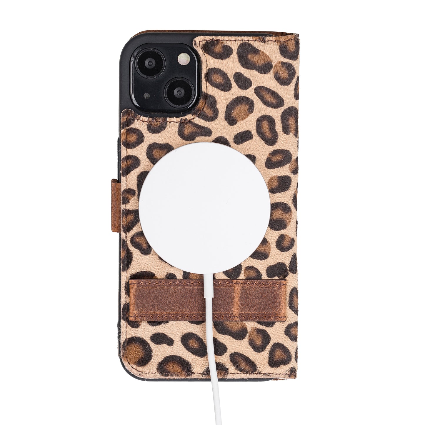 iPhone 13 (6.1") Leather MagSafe Stand Wallet Case RFID Protection - Furry Leopard
