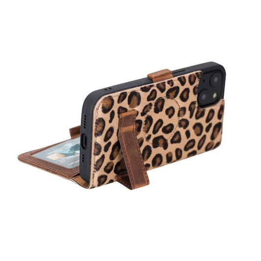 iPhone 13 (6.1") Leather MagSafe Stand Wallet Case RFID Protection - Furry Leopard