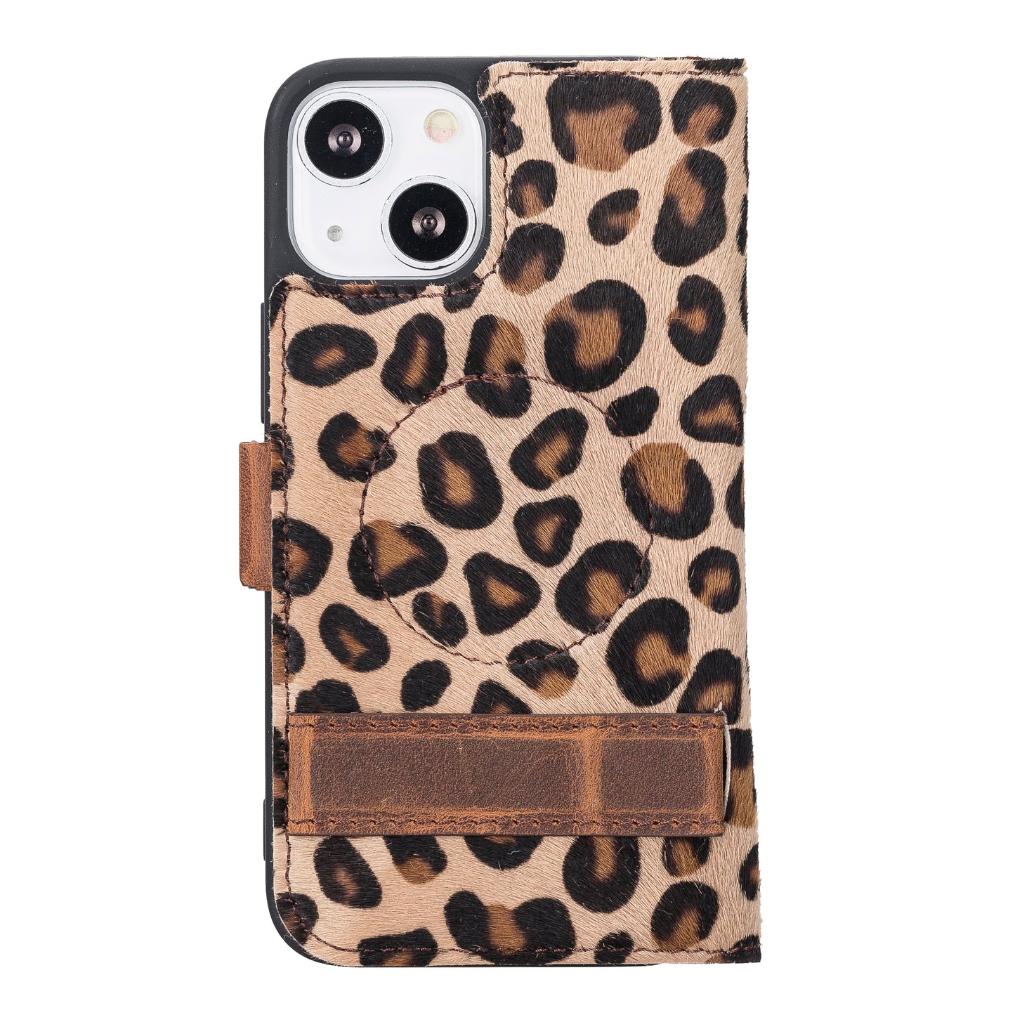 iPhone 13 Mini (5.4") Leather MagSafe Stand Wallet Case RFID Protection - Furry Leopard