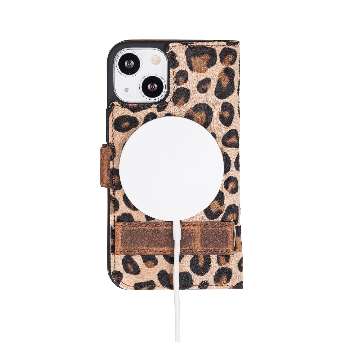 iPhone 13 Mini (5.4") Leather MagSafe Stand Wallet Case RFID Protection - Furry Leopard