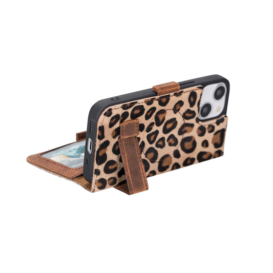 iPhone 13 Mini (5.4") Leather MagSafe Stand Wallet Case RFID Protection - Furry Leopard