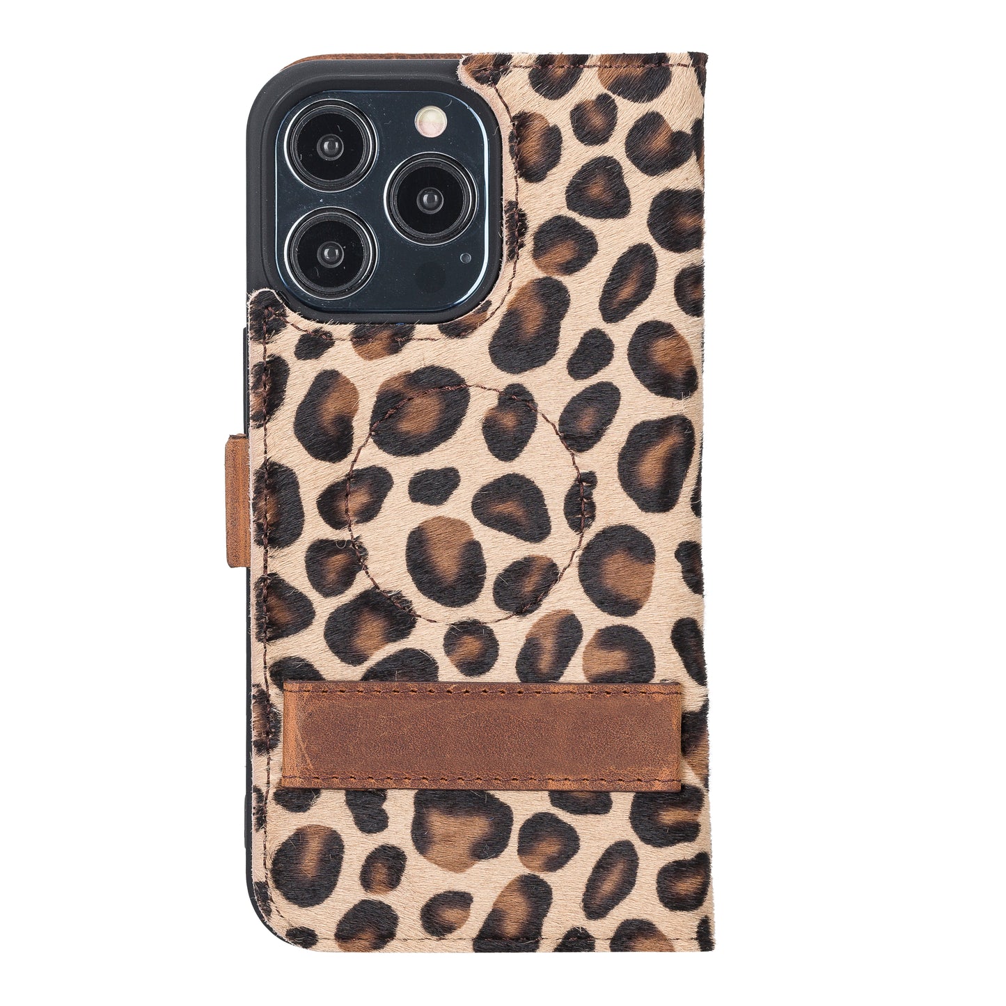 iPhone 13 Pro (6.1") Leather MagSafe Stand Wallet Case RFID Protection - furry Leopard
