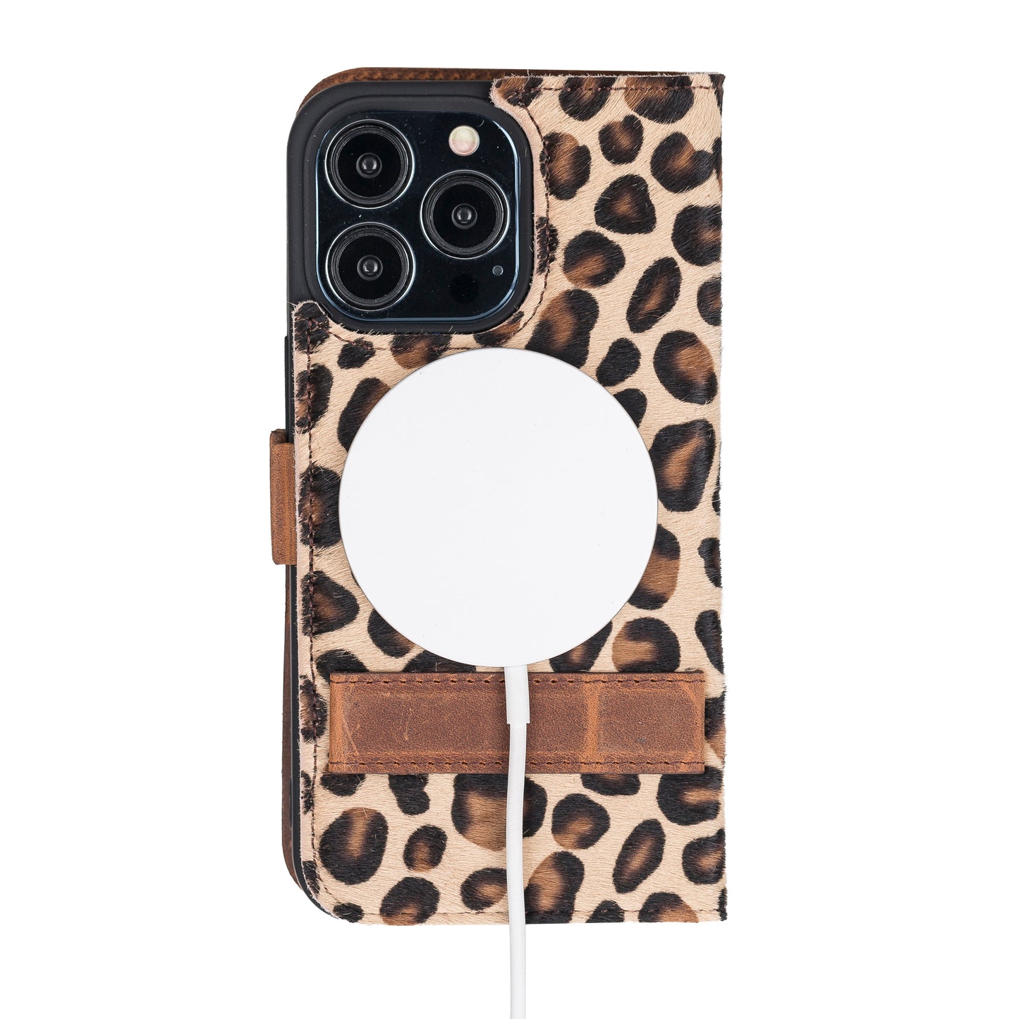 iPhone 13 Pro (6.1") Leather MagSafe Stand Wallet Case RFID Protection - furry Leopard