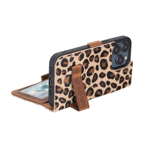 iPhone 13 Pro (6.1") Leather MagSafe Stand Wallet Case RFID Protection - furry Leopard