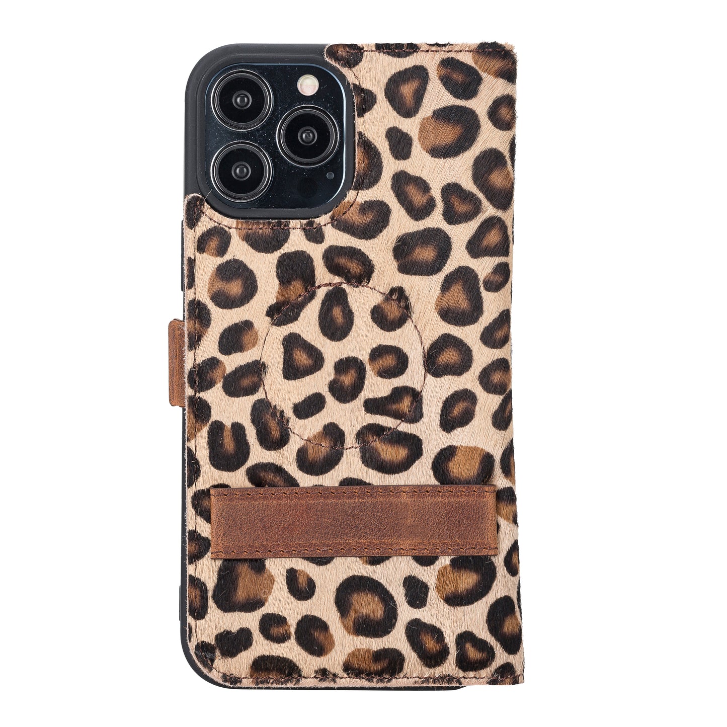 iPhone 13 Pro Max (6.7") Leather MagSafe Stand Wallet Case RFID Protection - Furry Leopard