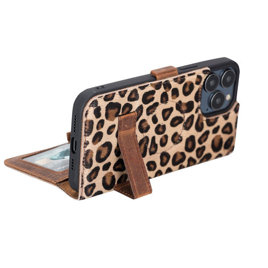 iPhone 13 Pro Max (6.7") Leather MagSafe Stand Wallet Case RFID Protection - Furry Leopard