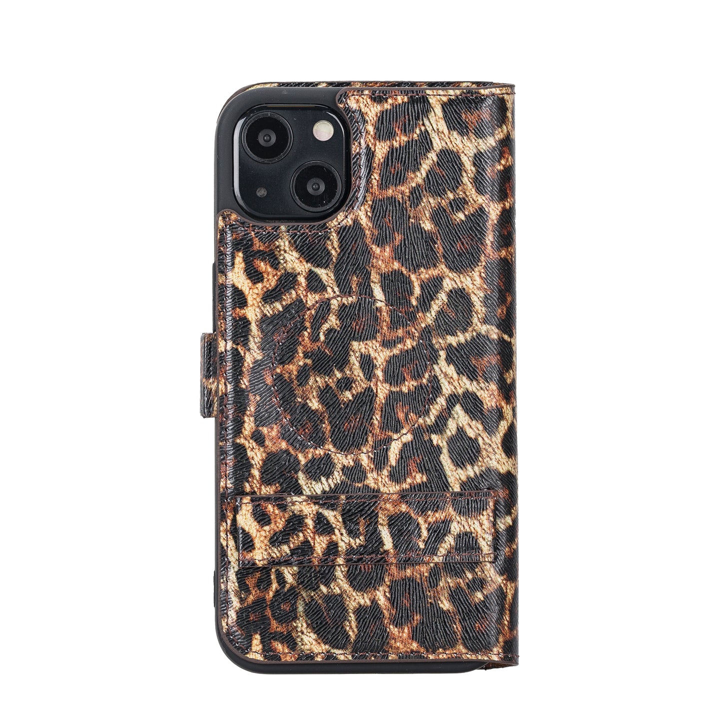 iPhone 13 (6.1") Leather MagSafe Stand Wallet Case RFID Protection - Black Leopard