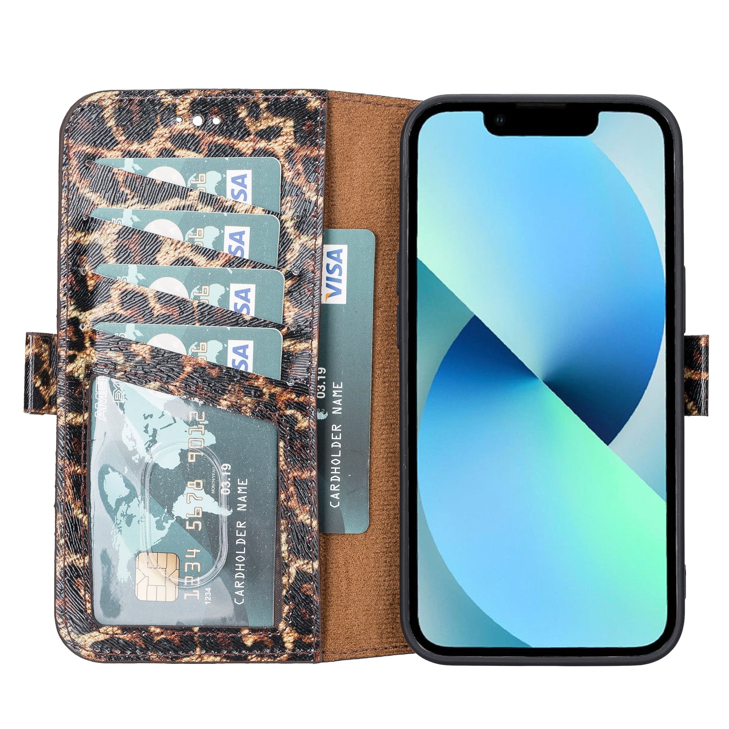iPhone 13 (6.1") Leather MagSafe Stand Wallet Case RFID Protection - Black Leopard