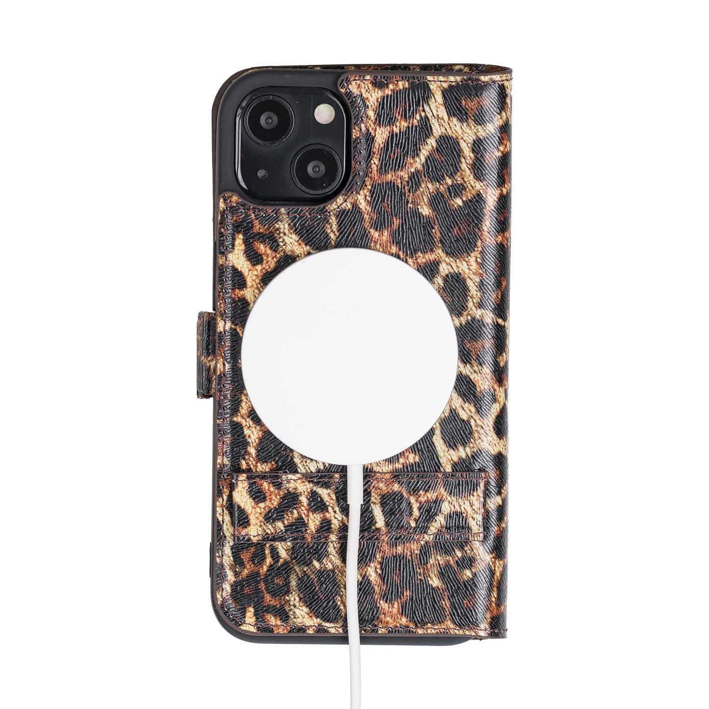 iPhone 13 (6.1") Leather MagSafe Stand Wallet Case RFID Protection - Black Leopard